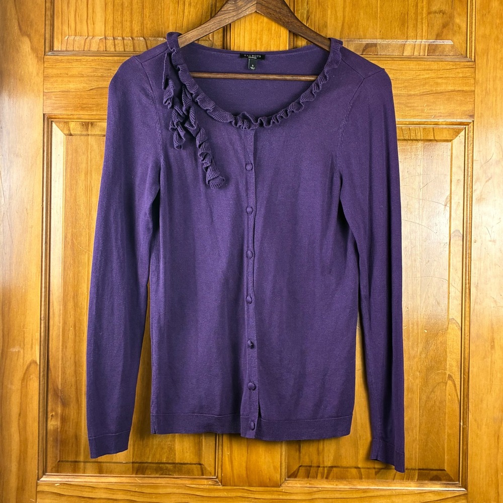 Talbots Silk Cotton Blend Ruffle Neck Cardigan Purple Sweater Small Button Down